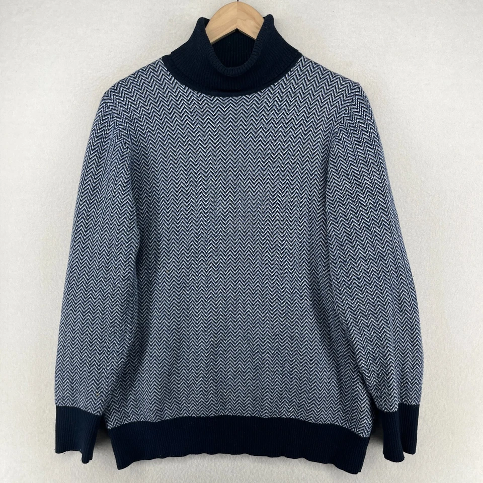 LL BEAN Sweater Womens L Cotton Cashmere Turtleneck Herringbone Pullover Blue - Image 2 of 4