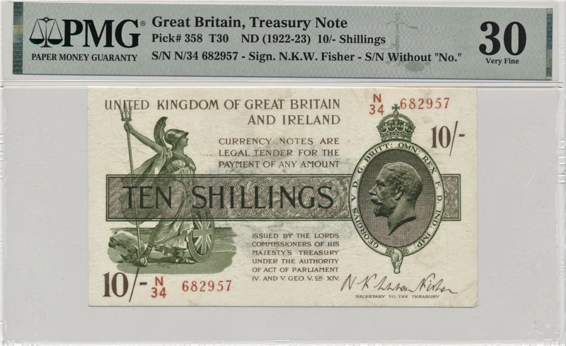 British 1922-23 10 Shillings Treasury Note PMG30 Very Fine N. K. Warren Fisher