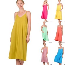 Women's V Neck Cami Midi Dress A Line Adjustable Spaghetti Straps Side Pockets