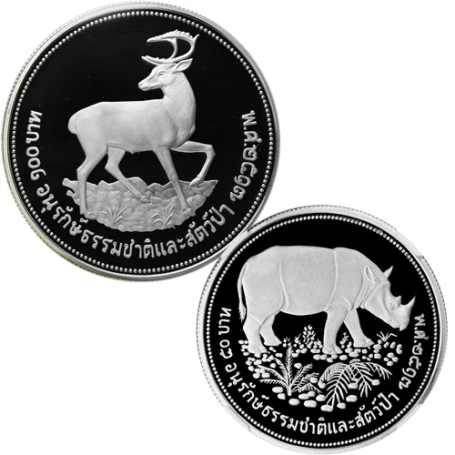THAILAND Silver 50/100 Baht 1974 'Eld's Deer & Sumatran Rhinoceros' NGC PF68/69