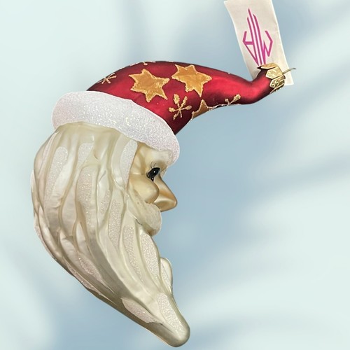 Santa Clause Crescent Blown Glass Christmas Ornament Red Hat Stars Poland 5.5” - Picture 4 of 14