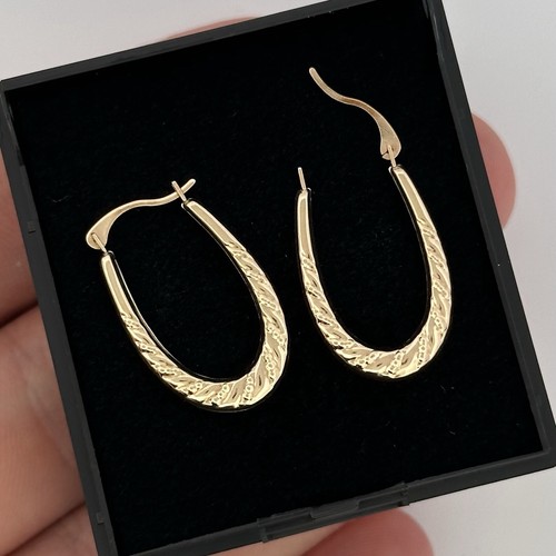 9ct Yellow Gold Oval Patterned Creole Hoop Earrings 20mm x 14mm - Picture 4 of 5