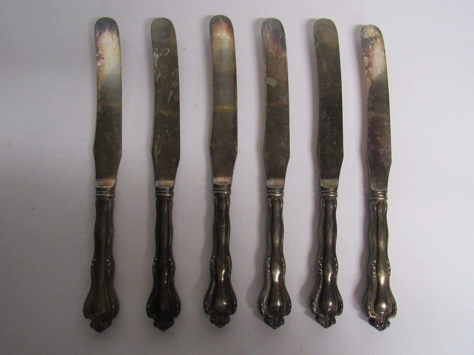 6 cuchillos huecos franceses antiguos internacionales de plata Faneuil (plata, 1908) 10" Foto 4 de 4