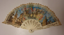 Vintage decorative fabric hand fan with Spanish images and lace border