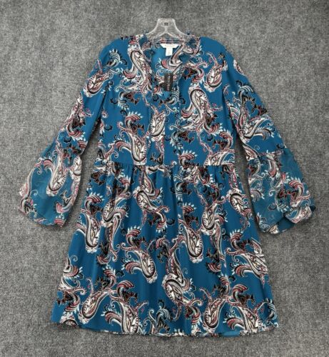 NEW White House Black Market Blue Paisley Mock Neck Flowy Sleeves M Boho Dress