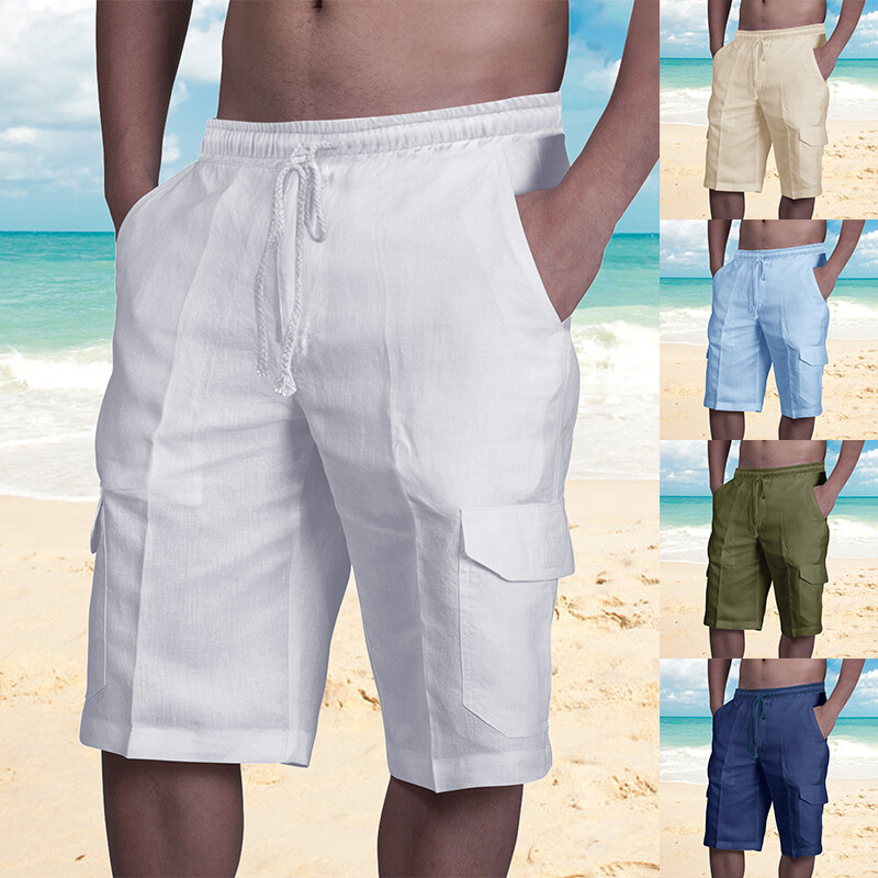 Men Cotton Linen Elastic Waist Shorts Drawstring Summer Baggy Loose Casual Pants