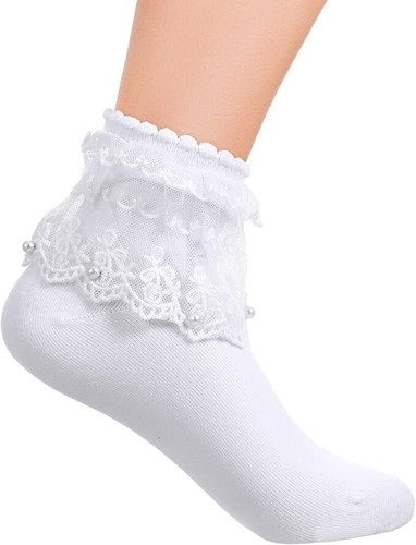 Womens Ankle Socks, Pearl Lace Ruffle Frilly Ankle Socks for Women, Frilly Cute