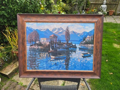 Montreux See Genfer Meereslandschaft Schweizer Howard Behrens Oleographie gerahmtes Gemälde