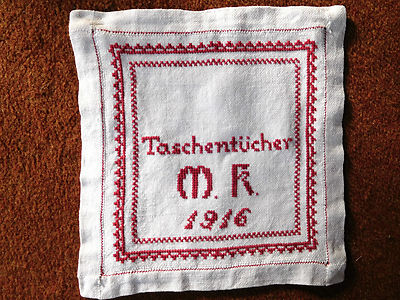 fast antiker Taschentuchbehälter v. 1916 Leinen Monogramm Hohlsaum Stickerei TOP