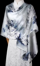 100% Silk Scarf Women neckerchief long Shawl Wrap floral blue gray white MY227-8