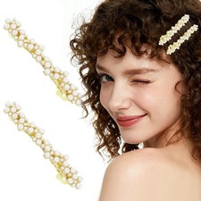 2 Pcs Pearl Hair Barrettes for Women, Elegant Gold Hair Clips with Pearls, Fancy