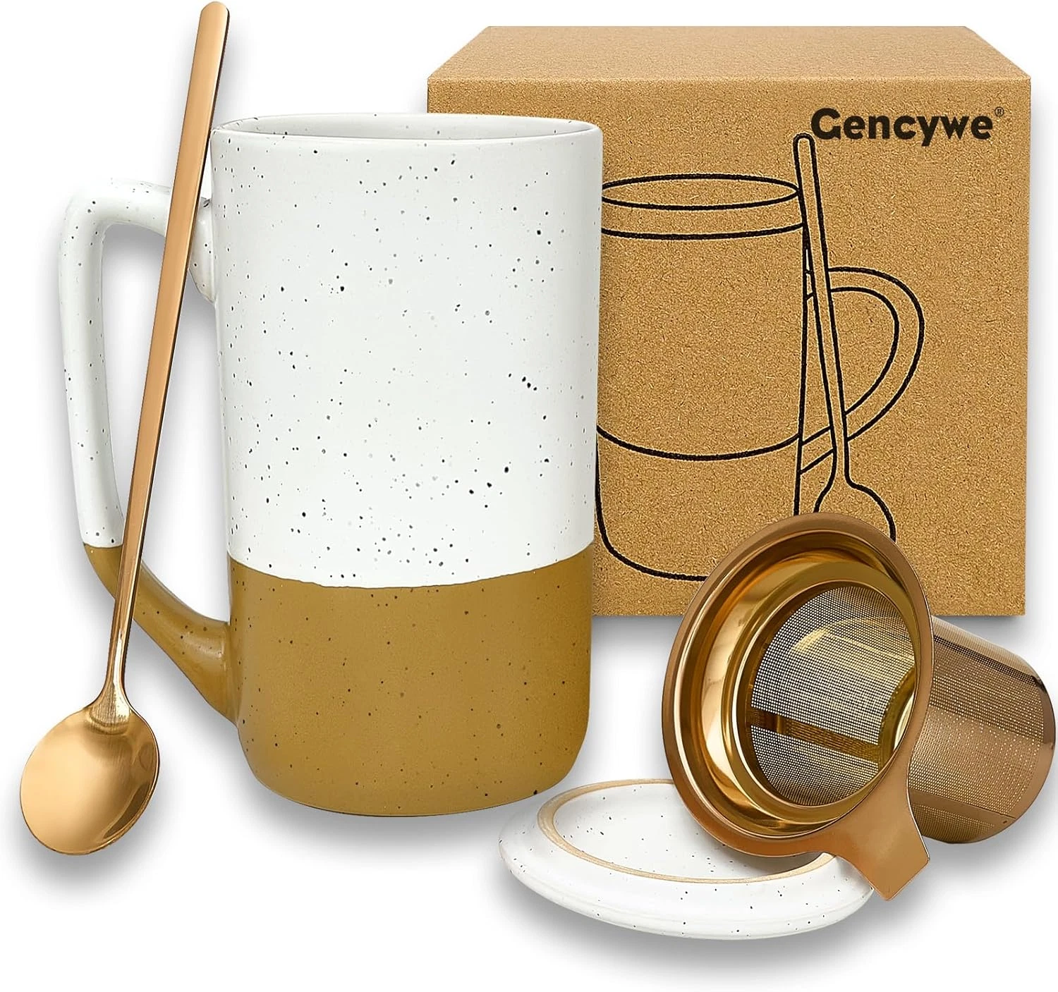 Gencywe Ceramics Large Tea Cup with Loose Leaf Infuser, Spoon and Lid, 16 Oz Tal
