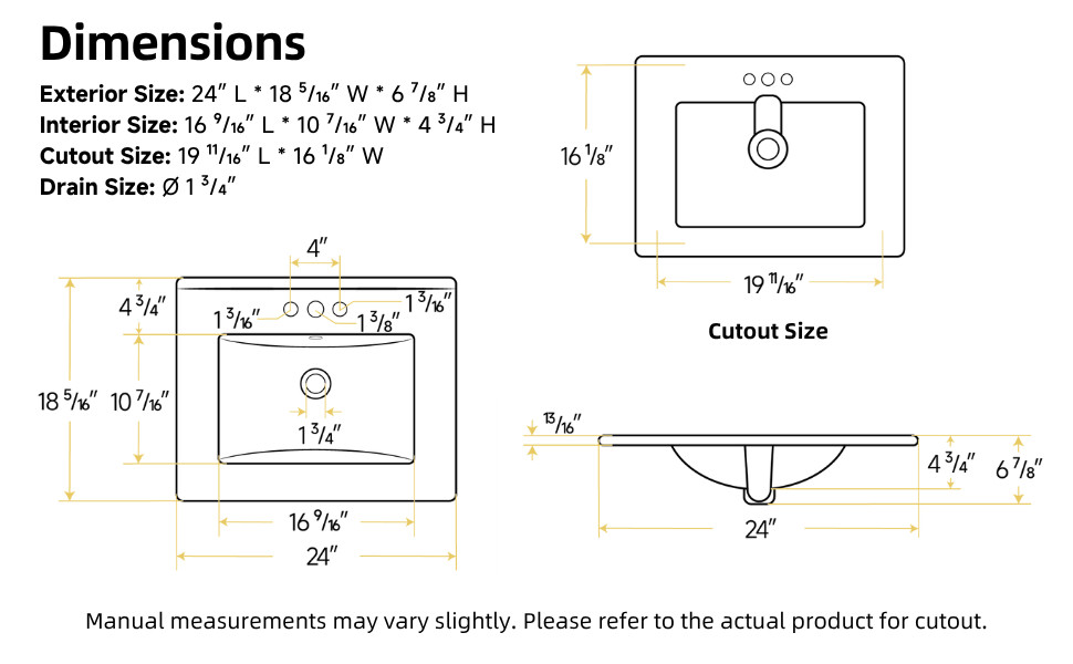24"x18" White Drop-In Bathroom Sink Ceramic Rectangular 4" Centerset Faucet Hole