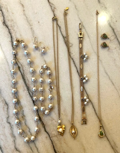 Vintage Lot Wearable Pearl and Jade Costume Jewelry Earrings Necklaces Bracelets