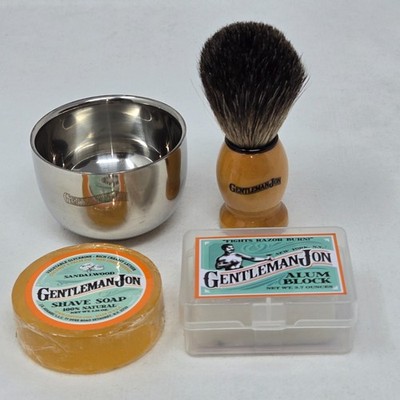 GENTLEMAN JON WET SHAVING KIT BRUSH METAL CUP SOAP ALUM BLOCK MADE IN USA