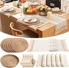 Boho Woven Placemats Set with Napkins, Bead Rings, and Burlap Runner - White