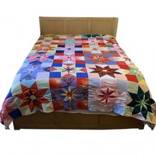 Vtg 70s Polyester Quilt Topper 87x87 - Hand Stitched Star Flower Dahlia Retro