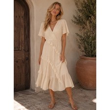 Lulus Cream Swiss Clip Dot Ruffle Midi Dress Flutter Split Sleeve Large