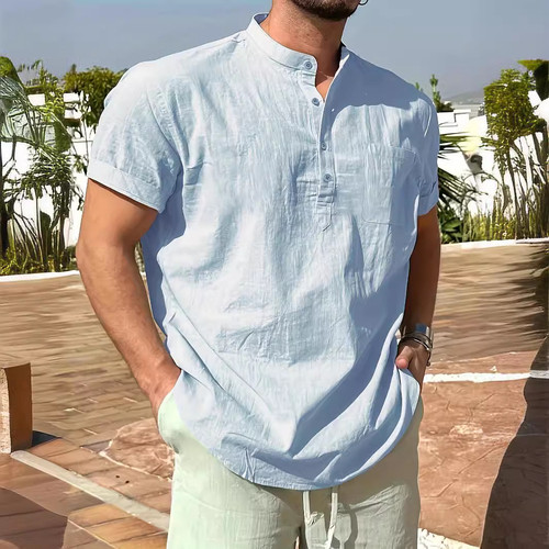 T-shirt uomo estiva tinta unita casual manica corta supporto colletto camicie Henley - Foto 3 di 15