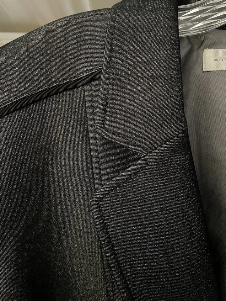 Blazer TAHARI Arthur Levine Petit Denim Look 14P Borde Negro Botones Plateados Foto 4 de 4