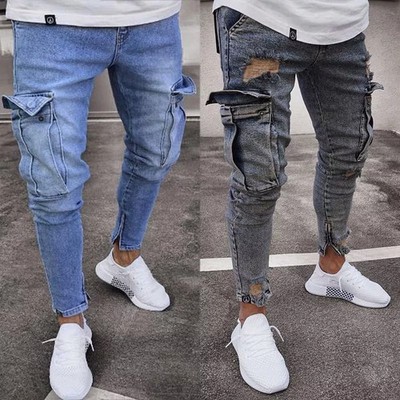 Jeans Herren Slim Fit Zerrissen Reißverschluss Taschen Cargo Denim Blau CF91390