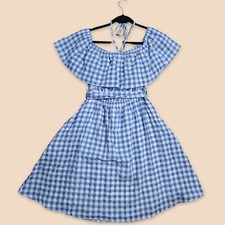 Anthropologie Tylho Dress Women Medium Off Shoulder Gingham Tie Neck Mini NEW