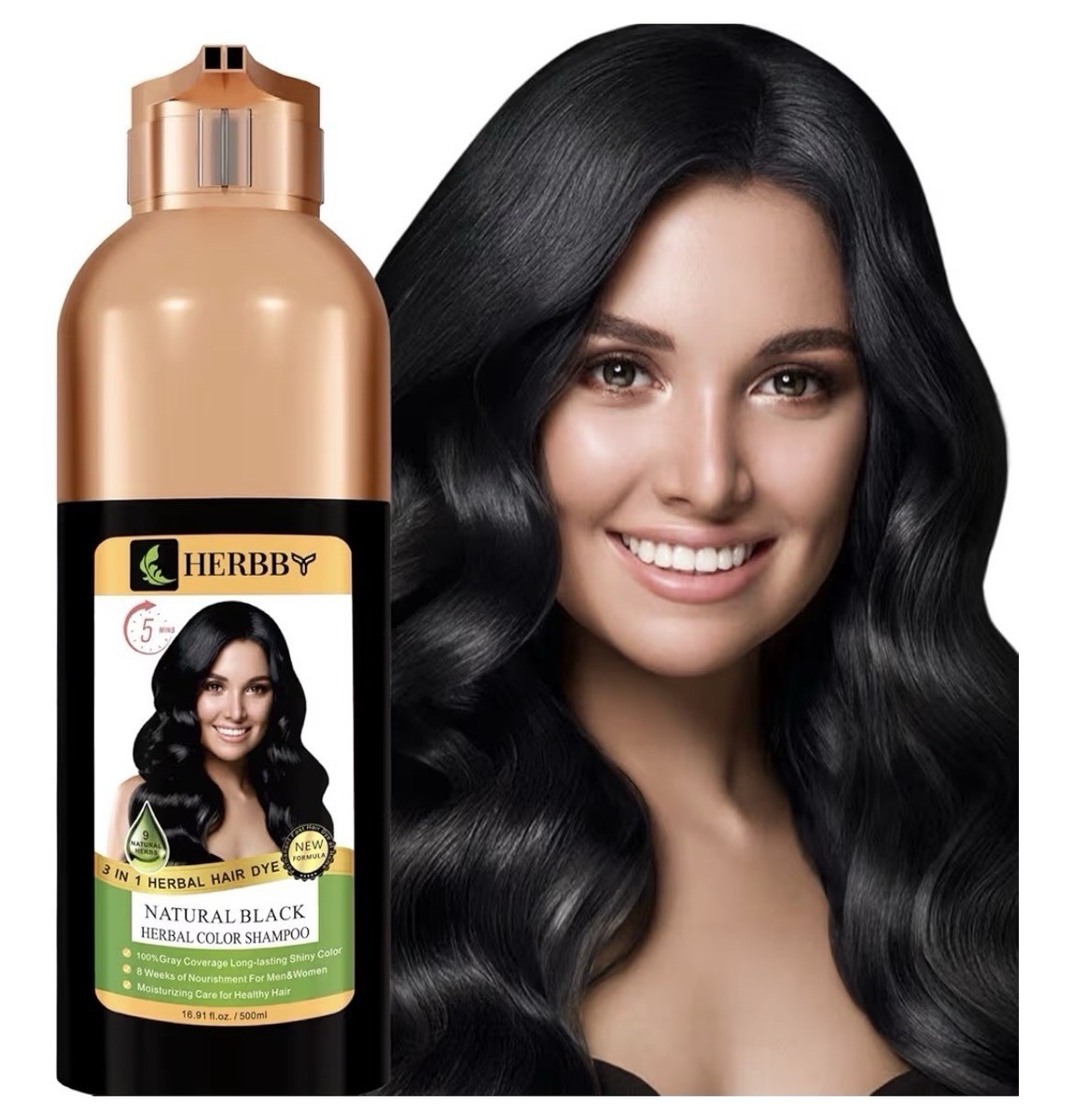 HERBB Natural Black Hair Dye Shampoo Vegan Paraben-Free PPD-Free
