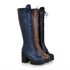 Women Lace Up Knee High Combat Boots Block Mid Chunky Heel Platform Knight Shoes