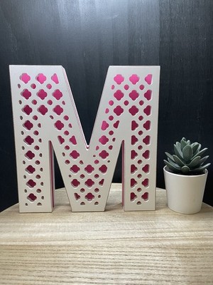 8'' Mongogram Letter ''M'' - Raised / Layered White & Pink Quatrefoil Cutout Design