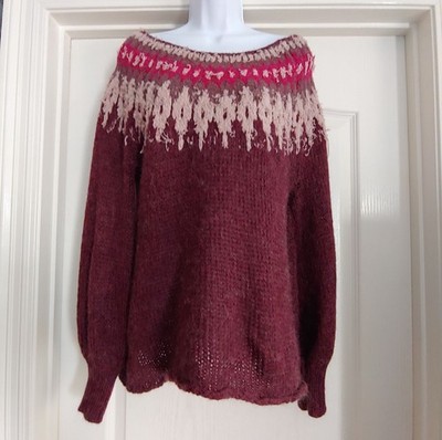 Free People Burgundy Baltic Fair Isle Boho Soft 3D Knit Sweater SP