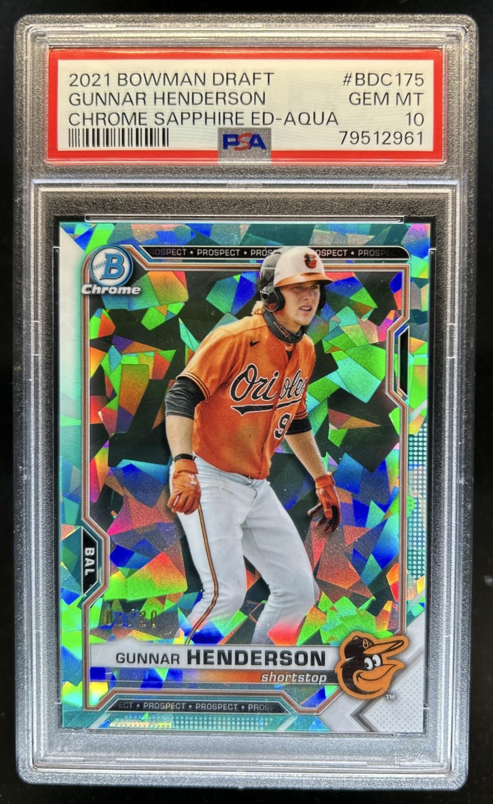 2021 Bowman Draft Sapphire Gunnar Henderson Chrome Refractor Aqua #/20 PSA 10