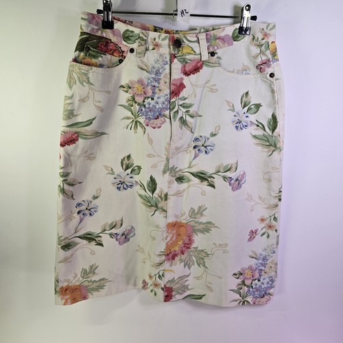 Vintage 90s Polo Ralph Lauren Floral Cream Denim Pencil Skirt altered 10
