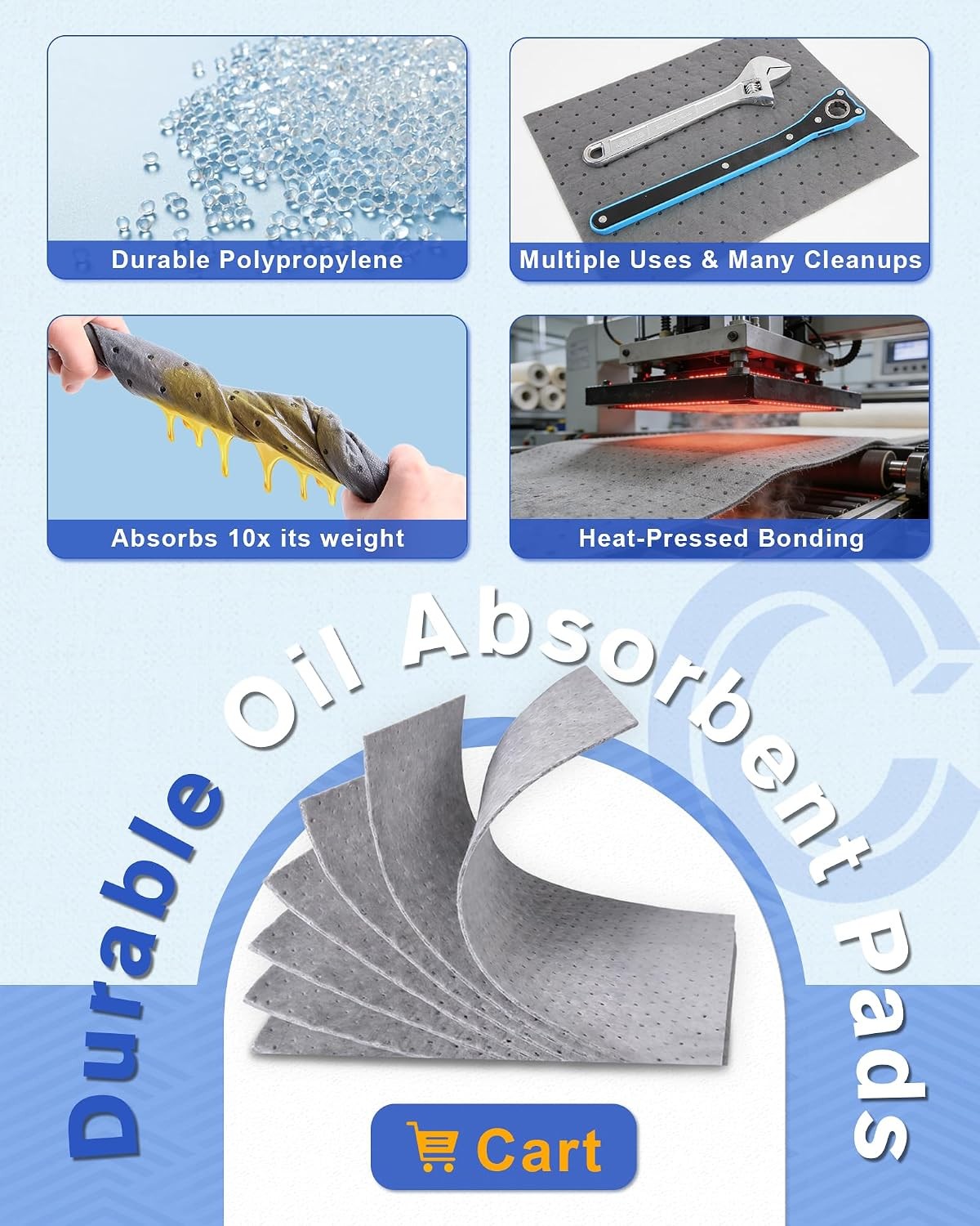 Oil Absorbent Pads 9.8x13 Inch 10 Pack Heavy Duty Fast Absorb Spill ...