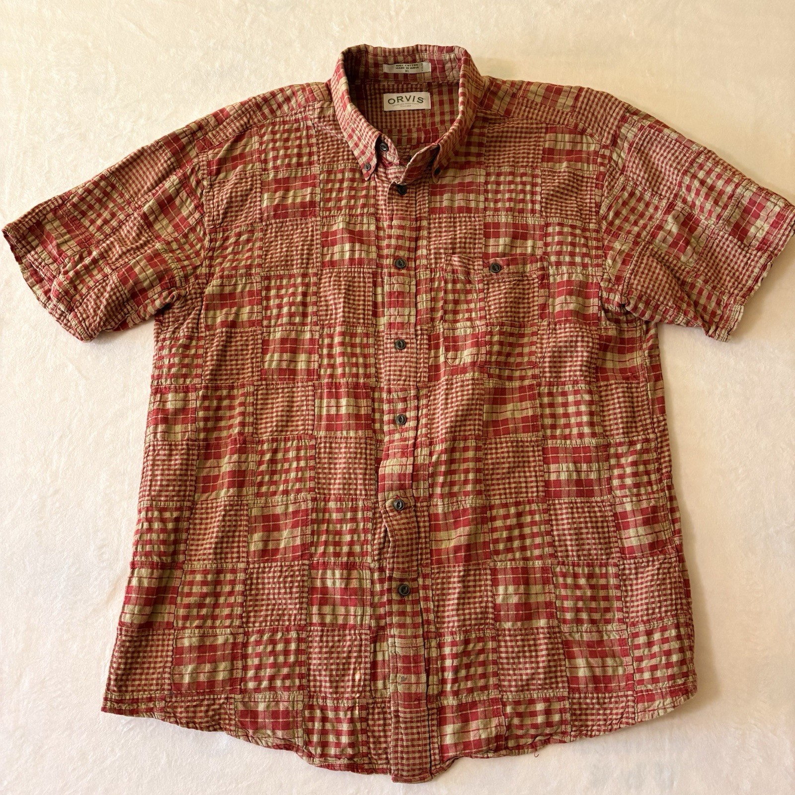 Orvis Mens Short Sleeve Madras Plaid Button Down Shirt Red Tan Size XL  Cotton