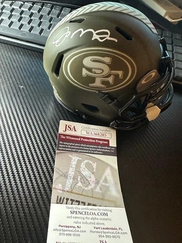 JOE MONTANA AUTOGRAPHED 49ers SALUTE TO SERVICE STS MINI HELMET JSA COA