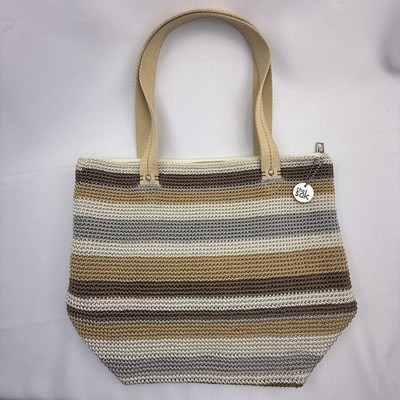 The Sak Mendocino Tote XLarge Sand Stripe Crochet Double Strap Zip Top Vegan NEW