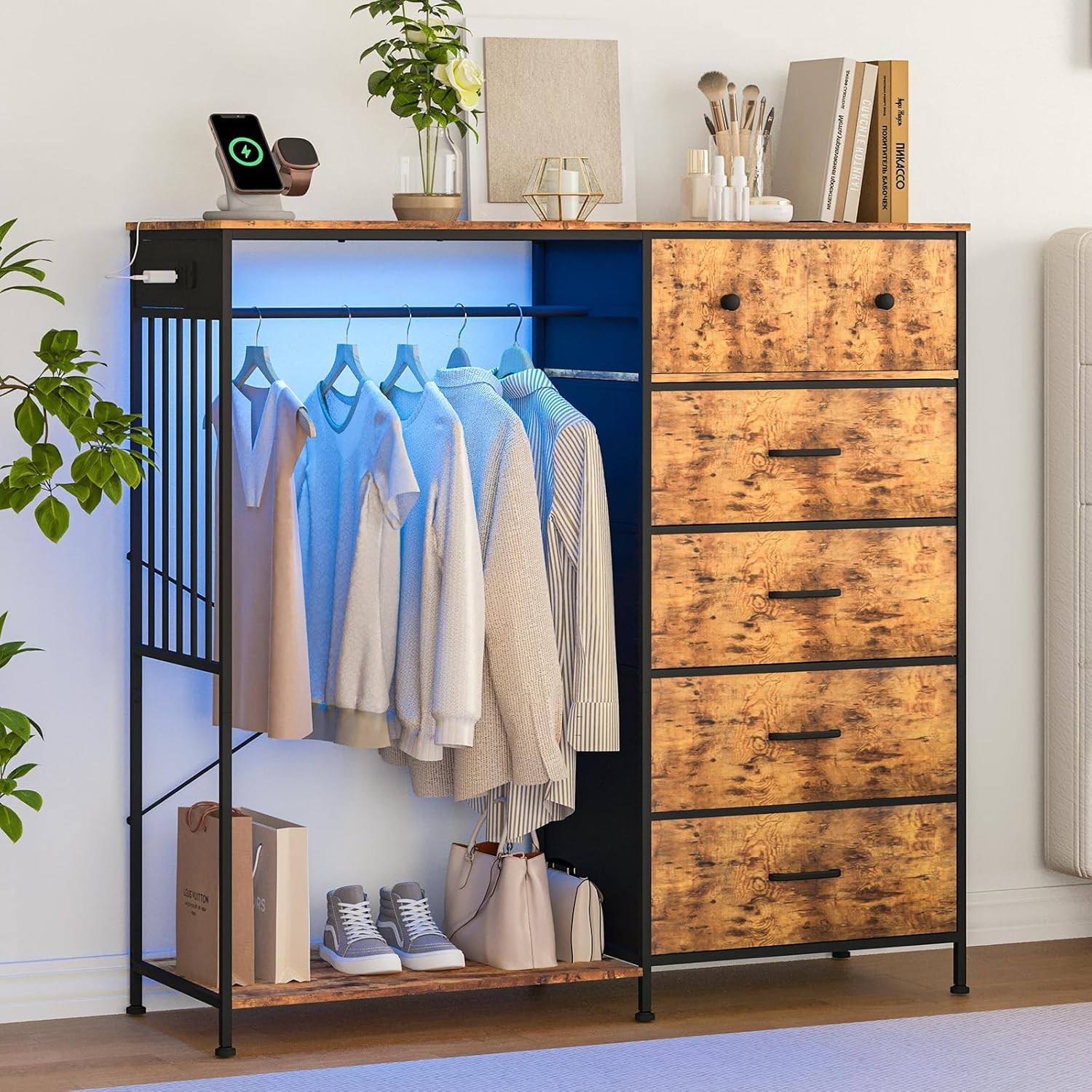 Bedroom Storage Center, Dresser/Wardrobe Combo with Hanging Rack, LED Lights