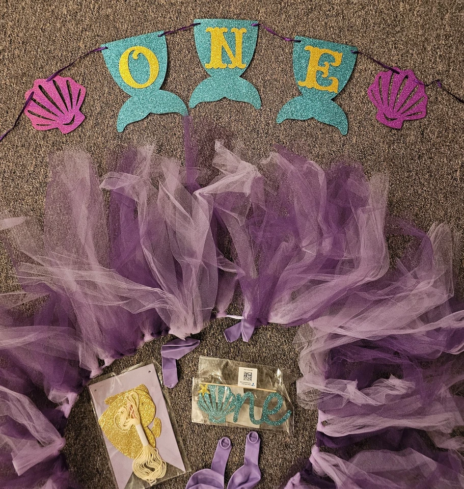 Toddler Girls 1 Yr Old Birthday High Chair Decor Purple Tutu Mermaid Banner - Image 2 of 4