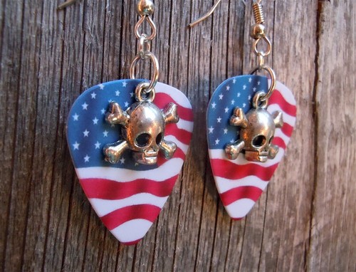 Small Skull and Crossbone Charms Guitar Pick Earrings - Pick Your Color - Picture 3 of 4