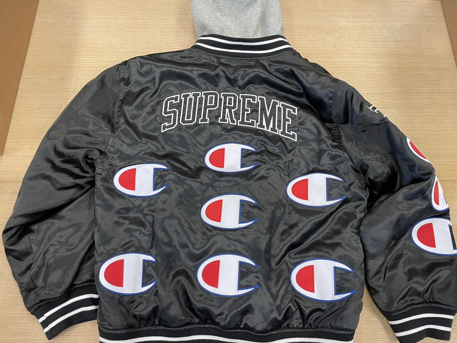Supreme Champion Hooded Satin Varsity Jacket Size Small Black New