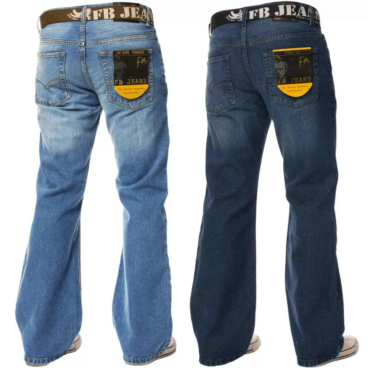 Mens Flare Leg Bootcut Jeans Wide Fit Blue Belted Denim Pants All | eBay