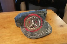 CLOSE OUT ,Rhinestone Castro Hat - Peace Sign - Splash Light Denim=7518