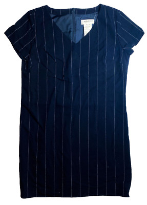 Yves Saint Laurent YSL Vintage Navy Pinstripe Wool V-Neck Dress Size 42 France