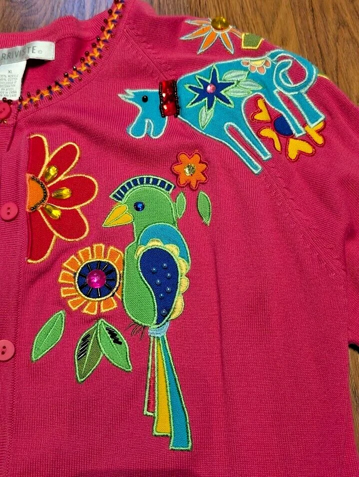 CÁRDIGAN MAGENTA ADORNADO VINTAGE suéter tejido animal gato Laurel Burch? XL 1D Foto 4 de 4