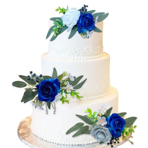 3Pcs Cake Topper Set, Wedding Artificial Flowers Decor Navy Blue Cake Topper ... - Picture 1 of 5