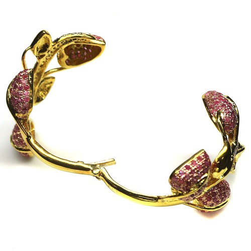 Gemstone Pink Sapphire & White Zircon Flower Bangle Cross 1.75"x1.75" 925 Silver - Picture 3 of 4