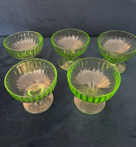 Uranium Glass Hazel Atlas Green Vertical Ribbon 3.25" Sherbet Glass Set 5 !