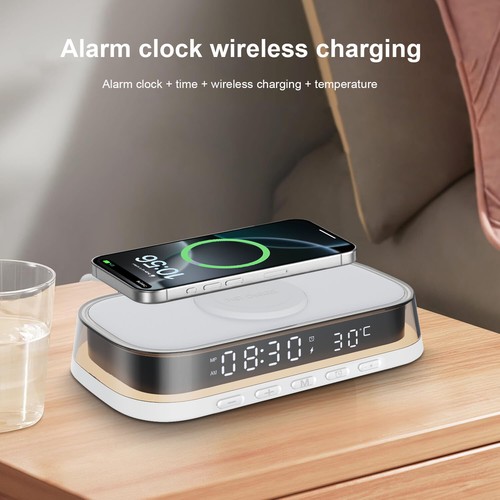 Digital Alarm Clock 15W Wireless Charger Stand With LED Night Light Temperature - Picture 4 of 13