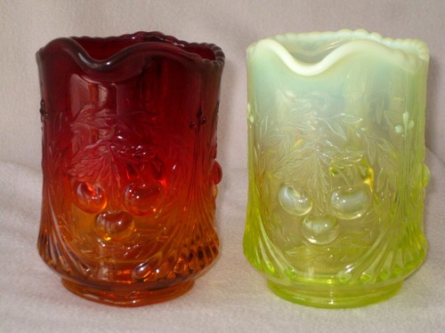 VTG LG WRIGHT WREATHED CHERRY URANIUM OPALESCENT VASELINE, AMBERINA BLUE CREAMER - Picture 7 of 12