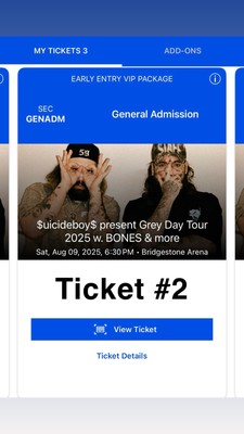2) $uicideboy$ - GREYDAY 2025 EARLY ENTRY VIP PACKAGE TICKETS (2